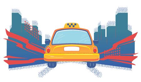 Taxi cab in the city back view. Flat banner template on white background. Empty space for number. Yellow auto car vector illustration. Isolated transportation service sign. Rearview concept.のイラスト素材