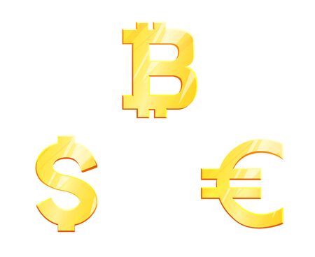 World currency gold symbol set. Main currencies dollar, euro, bitcoin. Finance investment concept. Exchange Money banking illustration. Business income earnings. Financial sign stock vector.のイラスト素材