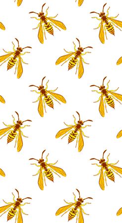 Wasp insect vertical seamless wallpaper. Dangerous yellow bugs cover on white backdrop. Vector Bumblebee drawing mobile banner. Wild Nature graphic print.のイラスト素材