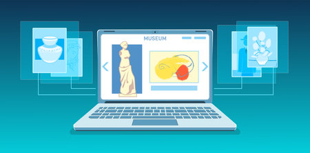 Online art gallery banner. Virtual museum in modern laptop on tech background. Online exhibition...