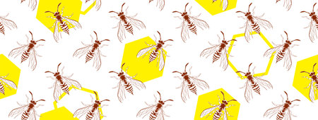 Wasp insect geometric seamless cover. Dangerous design for textile, fabric texture. Yellow bugs on...