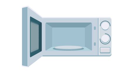 Open microwave with empty space inside, front view vector. Electric oven illustration. Kitchen appliance isolated element. Flat design template on white background. Cartoon style clip art.のイラスト素材