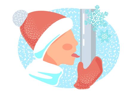 Tongue stick freeze to metal pole vector. Winter frostbite illustration. Funny joke, trick with iron stick. Boy stuck isolated caricature on white background. Snowy blue and red fun card.のイラスト素材