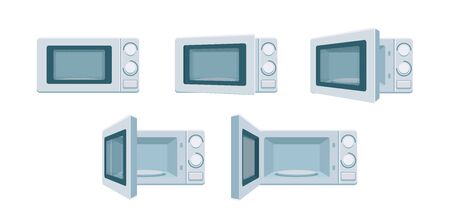 Modern microwave set ready for animation. Open and close oven poses in front view. Degree of openness Cooking stove, vector kitchen appliance. Digital concept illustration isolated on white backgroundのイラスト素材