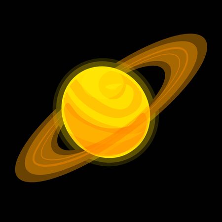 Saturn Cartoon illustration Isolated on black background. Jupiter vector icon. Yellow planet with ring Stock sticker. Cosmo Globo  with rings. Orange giant flat element.のイラスト素材