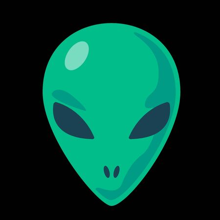 Green alien face icon. Extraterrestrial humanoid front head  vector illustration. Ufo symbol sticker. Paranormal T-shirt print design. Flat character isolated on black background.Fun clip art.のイラスト素材