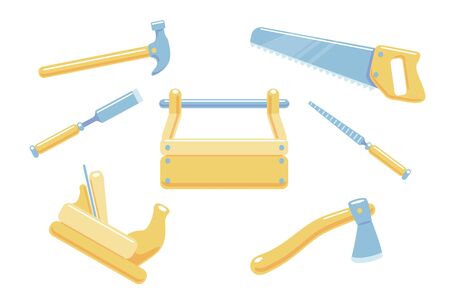 Carpentry tools Set elements isolated vector illustration. Hammer, toolbox, saw, plane, axe, chisel, file flat wood work icons. Cartoon hand carpenter instrument equipment. Simple construction tool.のイラスト素材