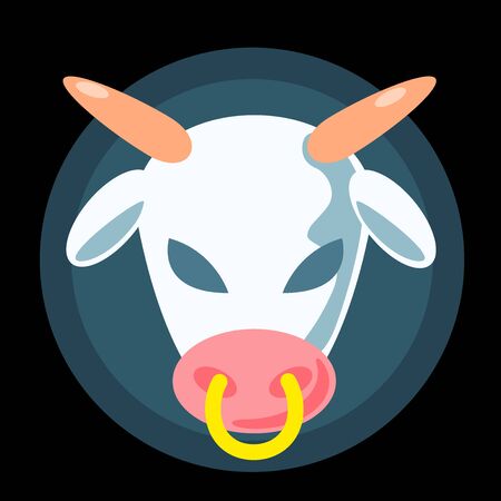 Flat alien cow head concept . Cartoon white animal with black evil eyes vector illustration on backdrop. Funny simple character. Ufo symbol sticker. Paranormal T-shirt print design.のイラスト素材