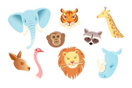Cartoon character animals mask set Isolated on white background. Funny zoo head. Vector illustration face object. Flat collection Rhinoceros kangaroo Ostrich tiger lion elephant monkey giraffe raccoonのイラスト素材
