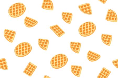 Yellow Belgian waffles seamless pattern for print design. Cartoon sweet vector illustration. Golden waffle slices on white background. Decorative Modern cookie cover. Snack Geometric shapes.のイラスト素材