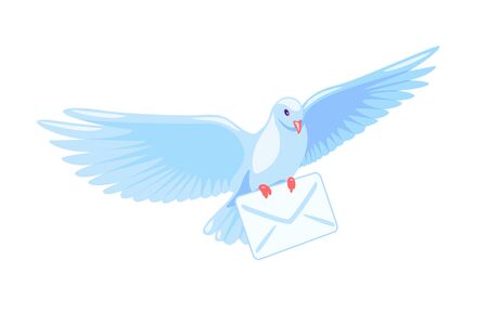Flying post pigeon with a letter isolated on background. Free white dove with envelope. Air mail delivery symbol. Flat cartoon vector illustration. Retro message sent.のイラスト素材