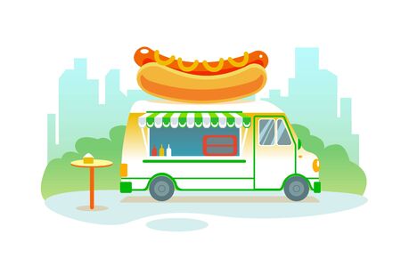 Poster with hot dog food truck in park on city background. Summer fast food festival isolated vector illustration. Street hotdog Cafe on wheels banner. Outdoor catering service. Retro car with meal.のイラスト素材