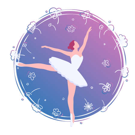 Flat ballerina in flower card illustration. Dance in purple circle clock template. Ballet art banner, logo, emblem, poster vector isolated on white background. Cartoon dancer with decoration frame.のイラスト素材