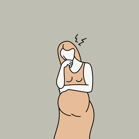 Pregnant woman suffering from stomach ache. Vector illustration.のイラスト素材