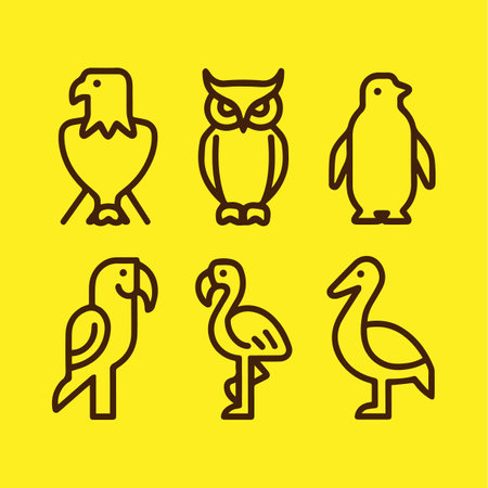 Flamingo, owl, penguin, parrot line icon set.Vector illustrationのイラスト素材