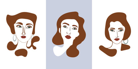 vector illustrations of beautiful women's faces with different hairstyles and different emotions.のイラスト素材