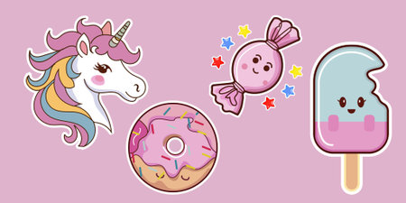 Cute cartoon unicorn and donut stickers set. Vector illustration.のイラスト素材