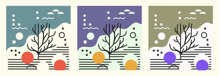 Set of abstract backgrounds with trees and mountains. Scandinavian style. Vector illustrationのイラスト素材