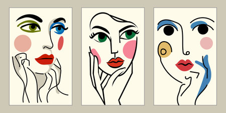 Vector illustration of a woman's face with different types of makeup.のイラスト素材