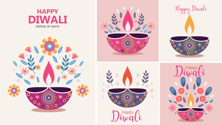 Happy Diwali greeting card set. Diwali diya vector illustration.のイラスト素材