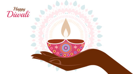 Indian festival Diwali greeting card with hand holding diya.のイラスト素材