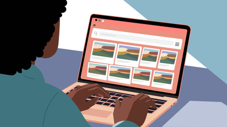 vector illustration of an individual with curly hair sitting in front of a laptop with hands on...