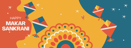 Happy Makar Sankranti greeting  festival card, Banner, poster with kite, sun vector illustration graphic designのイラスト素材