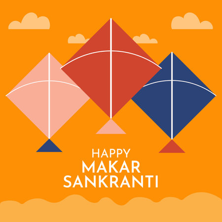 Happy Makar Sankranti greeting card with kite, sun vector illustration graphic designのイラスト素材