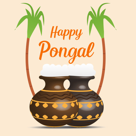 Happy Pongal religious festival of South India.Happy Pongal greeting card. Vector illustration in flat style.のイラスト素材