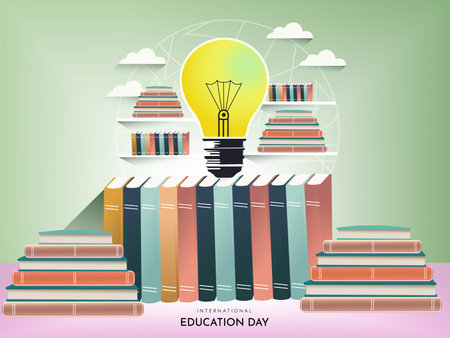 International Education Day Illustration of Education Background with Light Bulb on Top of Booksのイラスト素材