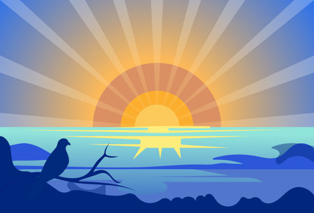 Sunset over the sea with a bird on a branch background. Vector illustrationのイラスト素材