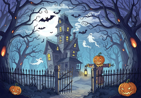 Halloween background with haunted house and pumpkins, vector illustration.の素材