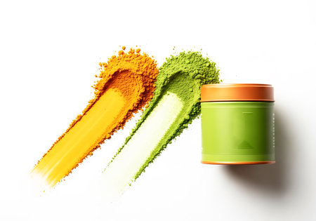 Colored powder in a jar isolated on white background, top viewの素材