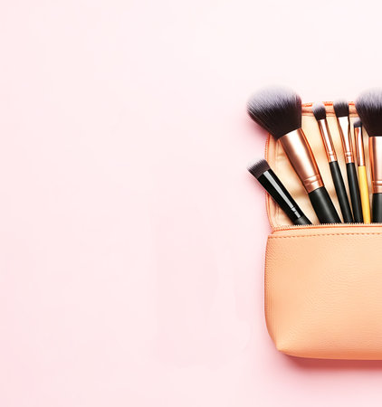 Makeup brushes in cosmetic bag on pink background. Flat lay, top viewの素材