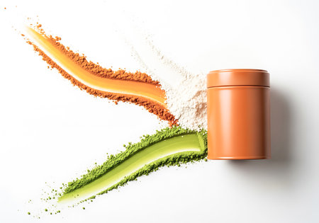 Collagen protein powder and protein shaker isolated on white background.の素材