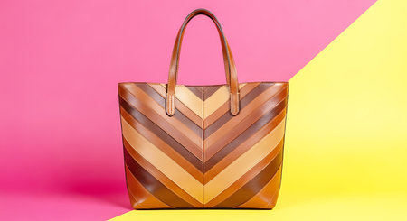 Stylish brown leather handbag on a pink and yellow background.の素材