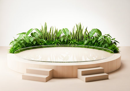 3D render of a round podium with plants and a white backgroundの素材