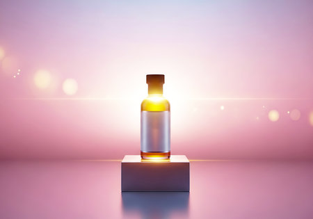 Cosmetic bottle on podium with bokeh background. 3D renderingの素材