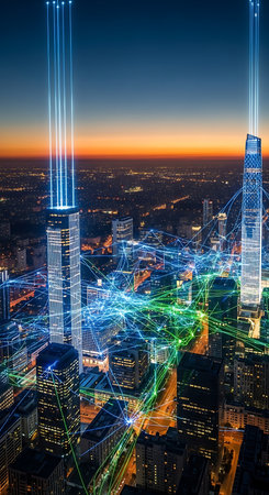 Futuristic city skyline at night with digital network and connectionsの素材