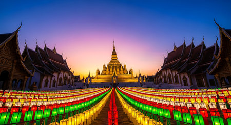 Beautiful buddhist temple illuminated by colorful lanterns at sunset in southeast asiaの素材