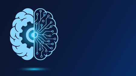 Half brain circuit half gear mechanical vector digital technology. Engineering intelligence machine learning innovation.のイラスト素材