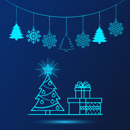Glowing neon holiday tree, adorned with gifts and festive decor, complemented by snowflakes, pine trees, and string lights on a dark blue background.のイラスト素材