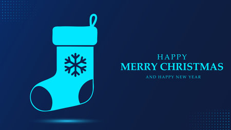 Happy Merry Christmas and Happy New Year text. Blue glowing stocking with snowflake. Simple holiday graphic on dark blue background.のイラスト素材