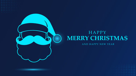 Outline illustration of Santa Claus head, mustache beard glowing blue against a dark background for festive season celebration.のイラスト素材