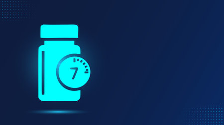 Pills bottle with clock icon on blue background. Health care concept. Vector illustrationのイラスト素材
