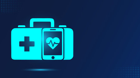 First aid kit and mobile phone icon on blue background. Vector illustration.のイラスト素材
