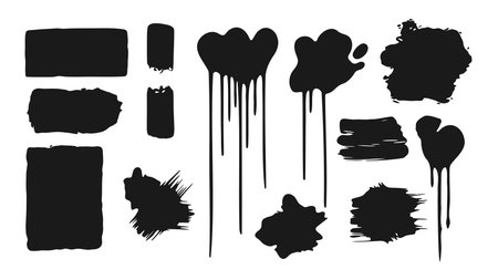 Set of black paint, ink, brush strokes, splashes, blots, smears, stains. Isolated on white background. Vector illustration.のイラスト素材