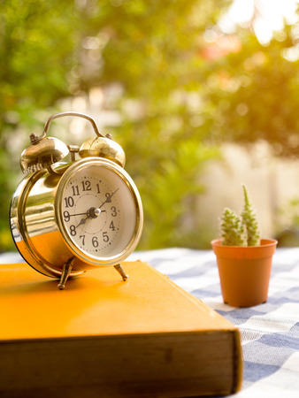 yellow book with vintage alarm clock and cactus on blue plaid tablecloth. The background is green from tree and light bokehの写真素材