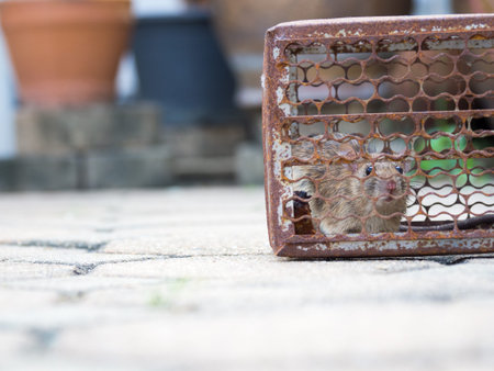 The rat was in a cage catching. Rat has contagion the disease to humans such as Leptospirosis, Plague. Homes and dwellings should not have mice. Pet control.Animal contagious diseases preventの写真素材
