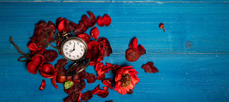 Golden vintage pocket watch put on a blue wooden table with red dried flowers with aromaの写真素材